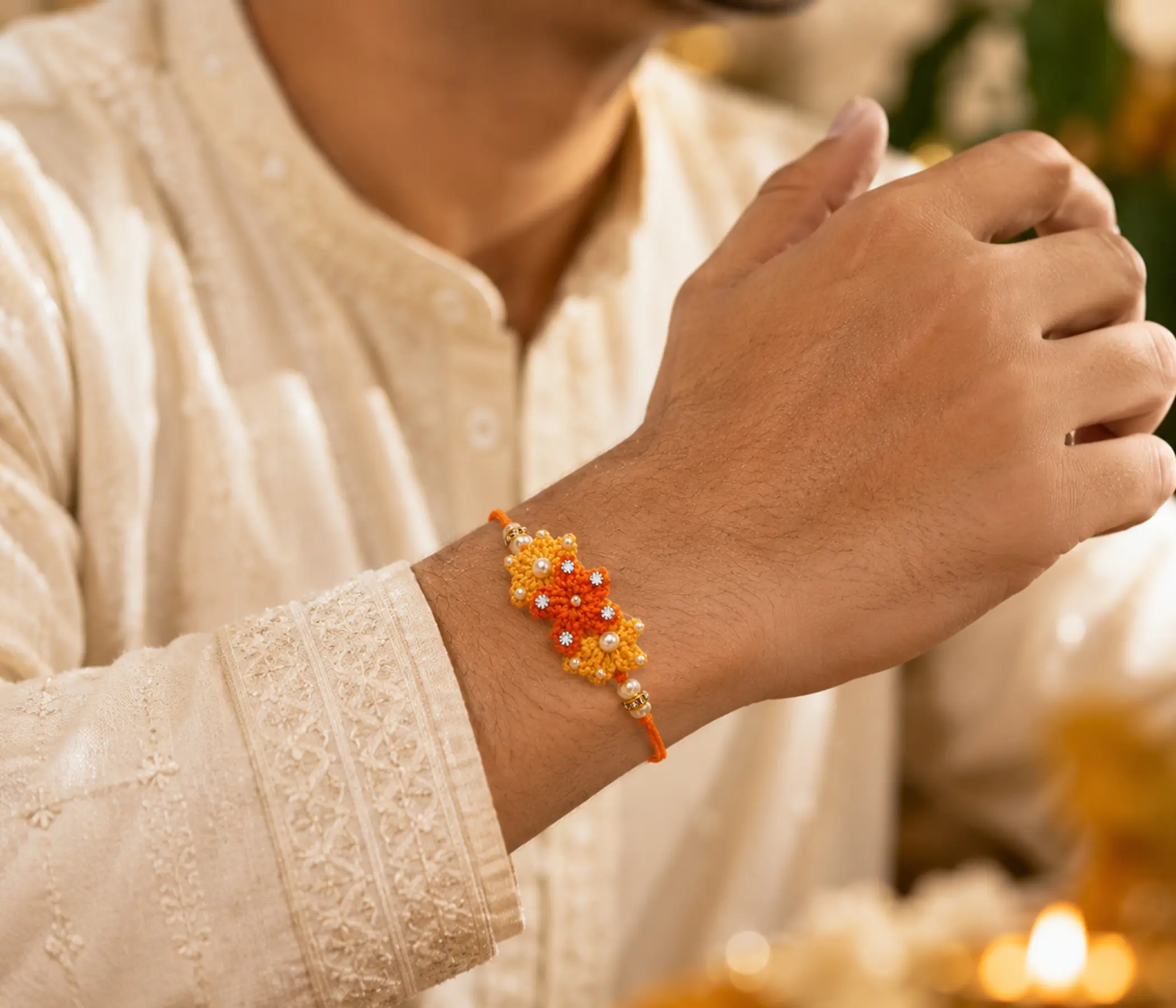 Festive Marigold Tri-Blossom Handcrafted Crochet Rakhi